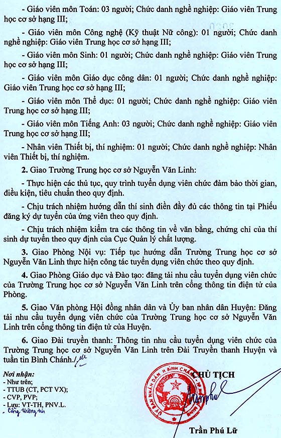 Trường THCS Nguyễn Văn Linh, Bình Chánh, TP.HCM tuyển dụng viên chức năm học 2020 – 2021