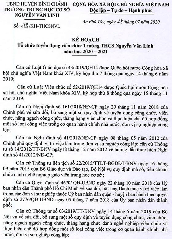 Trường THCS Nguyễn Văn Linh, Bình Chánh, TP.HCM tuyển dụng viên chức năm học 2020 – 2021
