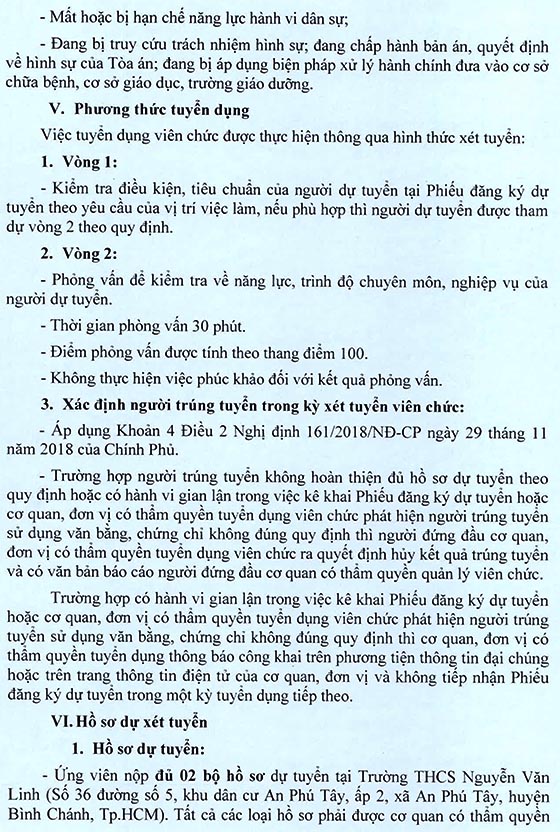 Trường THCS Nguyễn Văn Linh, Bình Chánh, TP.HCM tuyển dụng viên chức năm học 2020 – 2021