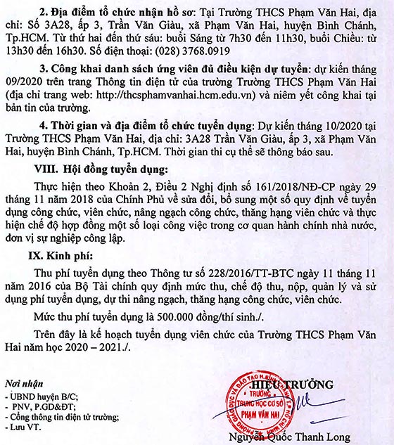 Trường THCS Phạm Văn Hai, Bình Chánh, TP. HCM tuyển dụng viên chức năm học 2020 – 2021