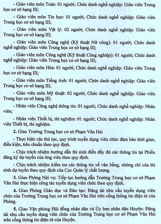 Trường THCS Phạm Văn Hai, Bình Chánh, TP. HCM tuyển dụng viên chức năm học 2020 – 2021