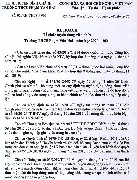 Trường THCS Phạm Văn Hai, Bình Chánh, TP. HCM tuyển dụng viên chức năm học 2020 – 2021