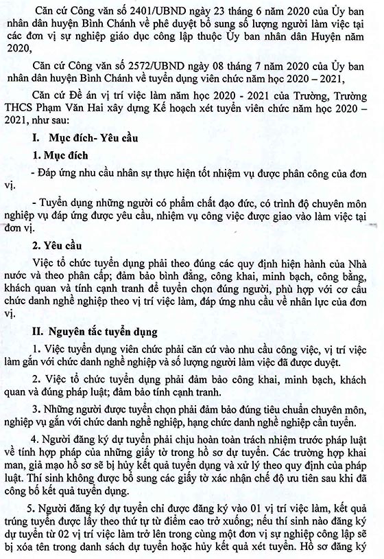 Trường THCS Phạm Văn Hai, Bình Chánh, TP. HCM tuyển dụng viên chức năm học 2020 – 2021