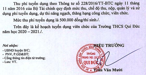 Trường THCS Qui Đức, Bình Chánh, TP.HCM tuyển dụng viên chức năm học 2020-2021