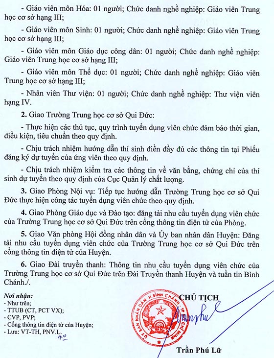 Trường THCS Qui Đức, Bình Chánh, TP.HCM tuyển dụng viên chức năm học 2020-2021