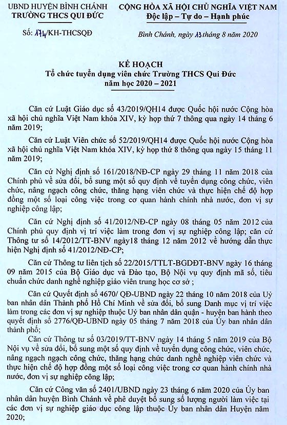 Trường THCS Qui Đức, Bình Chánh, TP.HCM tuyển dụng viên chức năm học 2020-2021