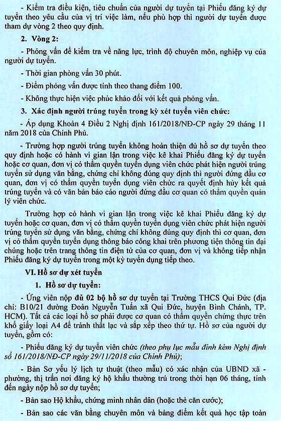 Trường THCS Qui Đức, Bình Chánh, TP.HCM tuyển dụng viên chức năm học 2020-2021