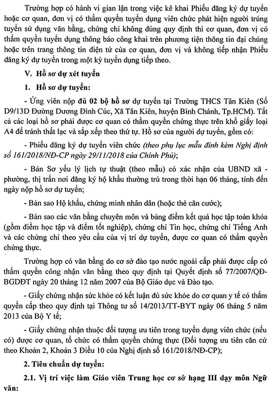 Trường THCS Tân Kiên, Bình Chánh, TP.HCM tuyển dụng viên chức năm học 2020-2021