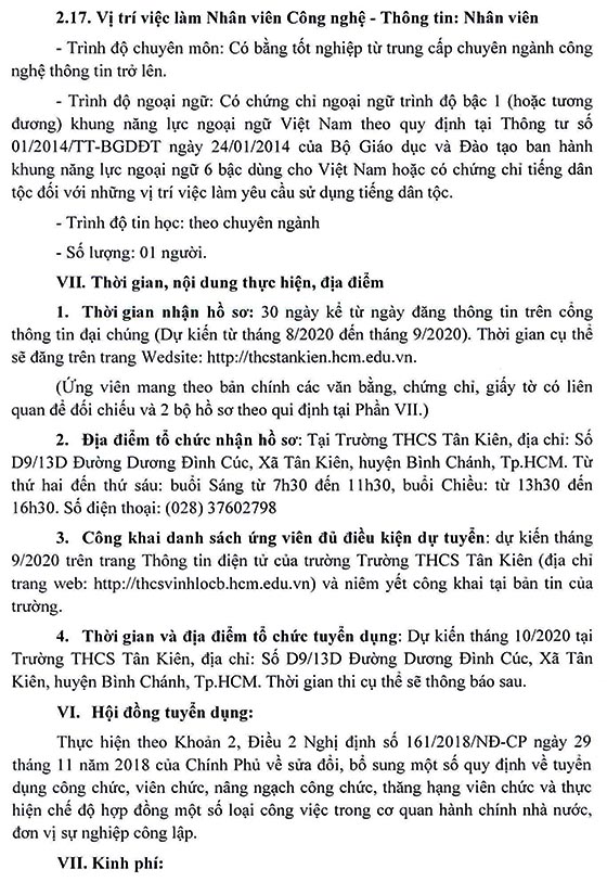 Trường THCS Tân Kiên, Bình Chánh, TP.HCM tuyển dụng viên chức năm học 2020-2021