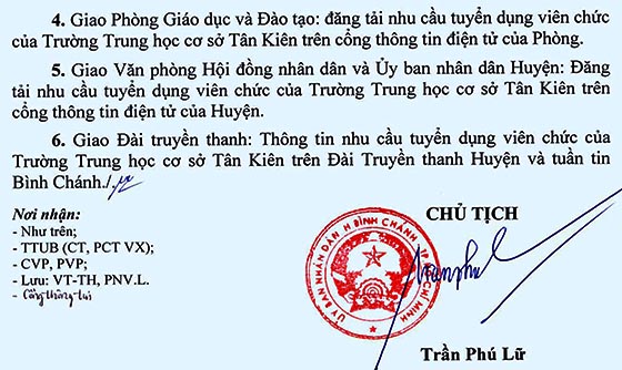 Trường THCS Tân Kiên, Bình Chánh, TP.HCM tuyển dụng viên chức năm học 2020-2021