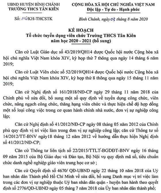 Trường THCS Tân Kiên, Bình Chánh, TP.HCM tuyển dụng viên chức năm học 2020-2021