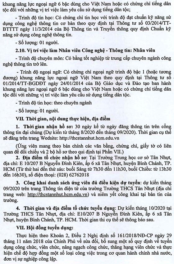 Trường THCS Tân Nhựt, Bình Chánh, TP.HCM tuyển dụng viên chức năm học 2020-2021