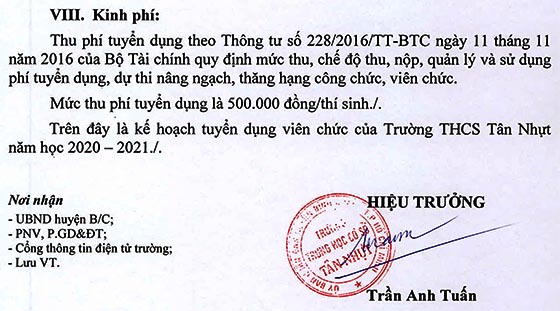 Trường THCS Tân Nhựt, Bình Chánh, TP.HCM tuyển dụng viên chức năm học 2020-2021