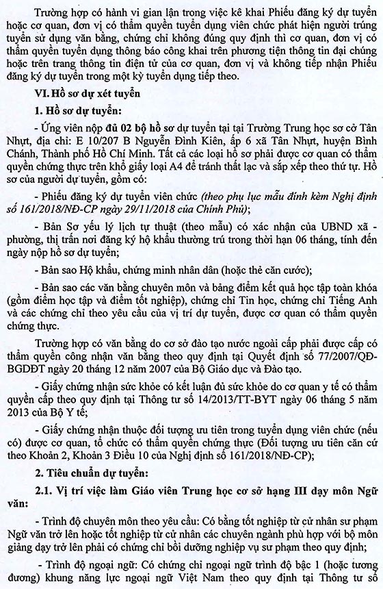 Trường THCS Tân Nhựt, Bình Chánh, TP.HCM tuyển dụng viên chức năm học 2020-2021