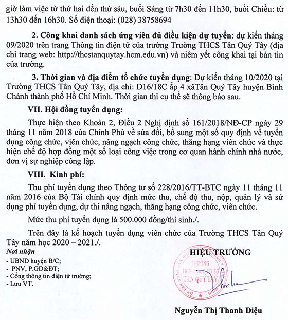 Trường THCS Tân Quý Tây, Bình Chánh, TP.HCM tuyển dụng viên chức năm học 2020-2021