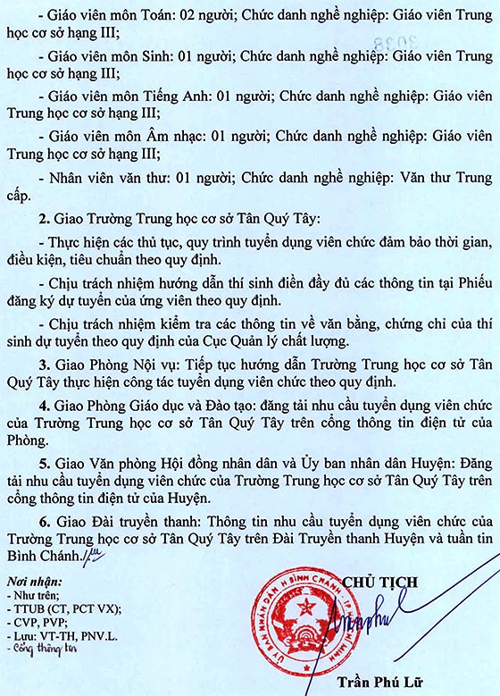Trường THCS Tân Quý Tây, Bình Chánh, TP.HCM tuyển dụng viên chức năm học 2020-2021