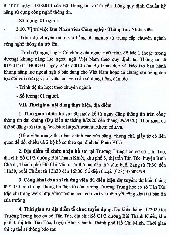 Trường THCS Tân Túc, Bình Chánh, TP.HCM tuyển dụng viên chức năm học 2020 – 2021