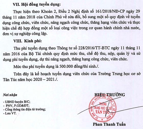 Trường THCS Tân Túc, Bình Chánh, TP.HCM tuyển dụng viên chức năm học 2020 – 2021