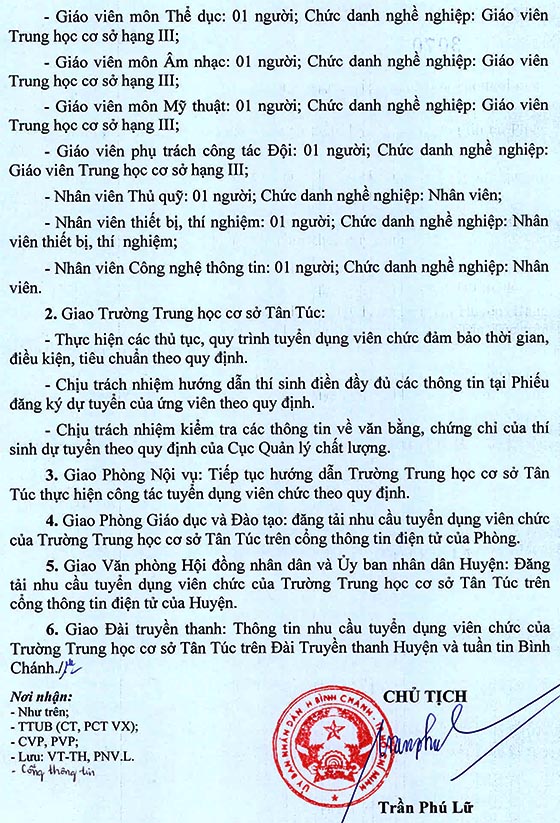Trường THCS Tân Túc, Bình Chánh, TP.HCM tuyển dụng viên chức năm học 2020 – 2021