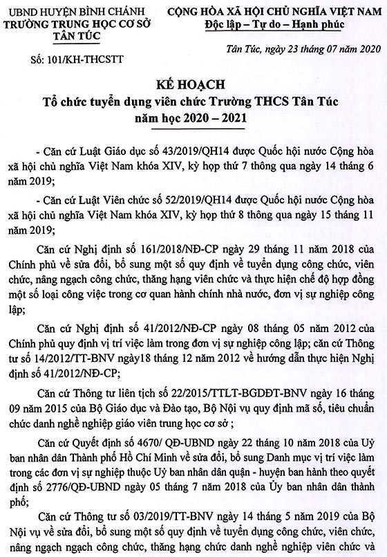 Trường THCS Tân Túc, Bình Chánh, TP.HCM tuyển dụng viên chức năm học 2020 – 2021