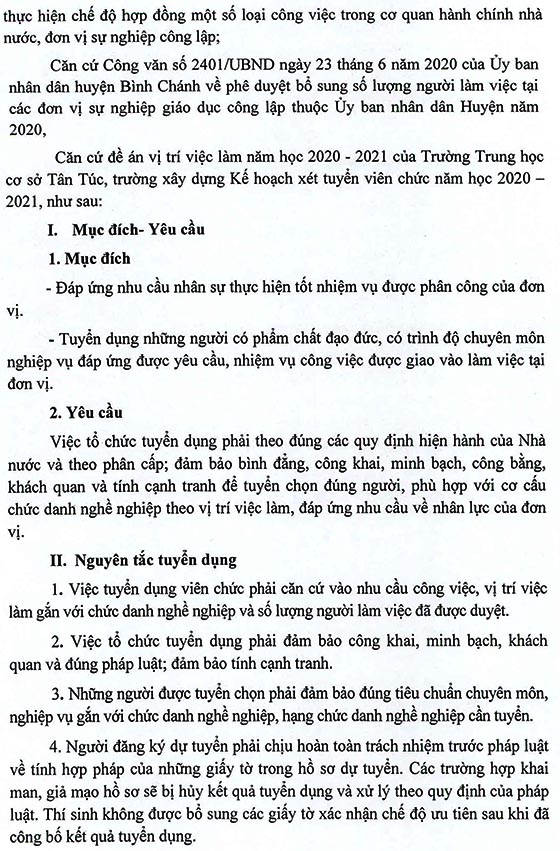 Trường THCS Tân Túc, Bình Chánh, TP.HCM tuyển dụng viên chức năm học 2020 – 2021