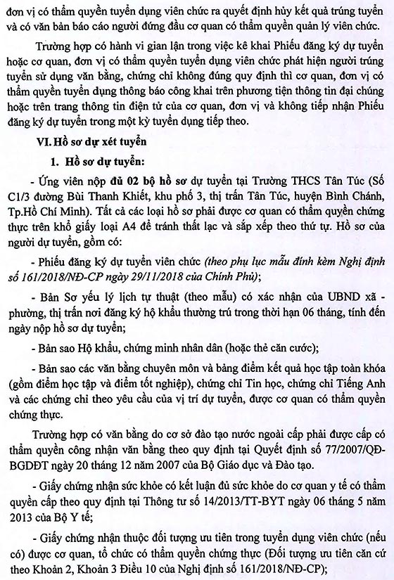 Trường THCS Tân Túc, Bình Chánh, TP.HCM tuyển dụng viên chức năm học 2020 – 2021