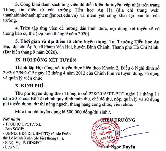 Trường Tiểu học An Hạ, Bình Chánh, TP.HCM tuyển dụng viên chức năm học 2020-2021