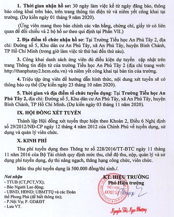 Trường Tiểu học An Phú Tây 2, Bình Chánh, TP. HCM tuyển dụng viên chức năm học 2020-2021