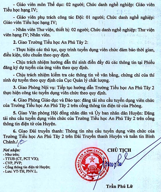 Trường Tiểu học An Phú Tây 2, Bình Chánh, TP. HCM tuyển dụng viên chức năm học 2020-2021