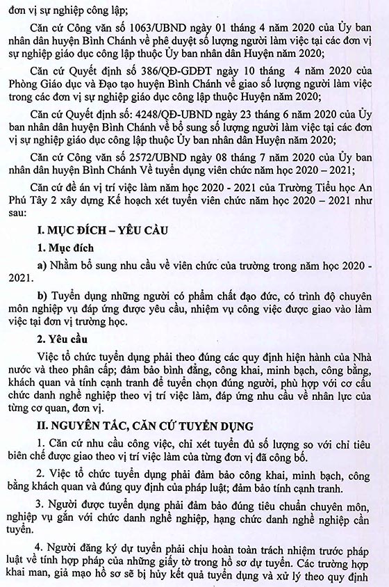 Trường Tiểu học An Phú Tây 2, Bình Chánh, TP. HCM tuyển dụng viên chức năm học 2020-2021