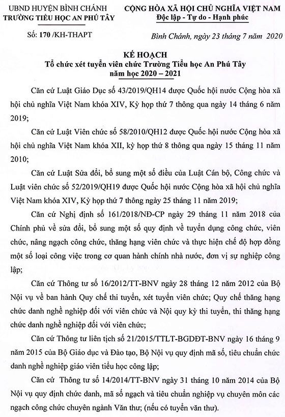 Trường Tiểu học An Phú Tây, Bình Chánh, TP. HCM tuyển dụng viên chức năm học 2020-2021