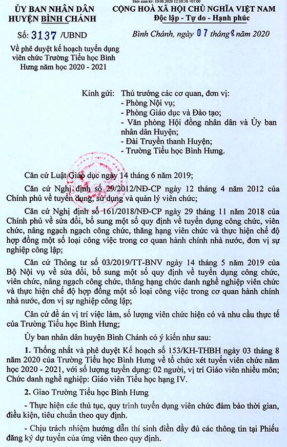 Trường Tiểu học Bình Hưng, Bình Chánh, TP. HCM tuyển viên chức năm học 2020-2021