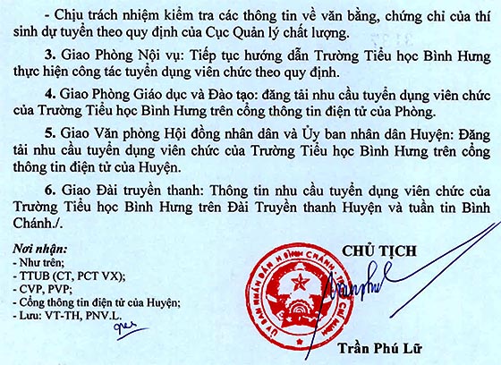 Trường Tiểu học Bình Hưng, Bình Chánh, TP. HCM tuyển viên chức năm học 2020-2021