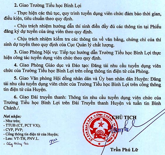 Trường Tiểu học Bình Lợi, Bình Chánh, TP. HCM tuyển dụng viên chức năm học 2020-2021