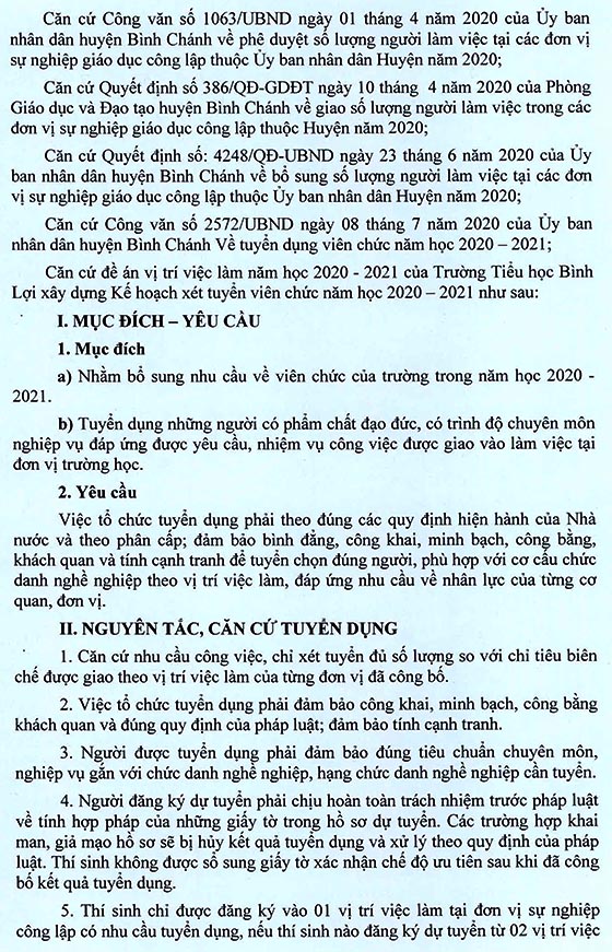 Trường Tiểu học Bình Lợi, Bình Chánh, TP. HCM tuyển dụng viên chức năm học 2020-2021
