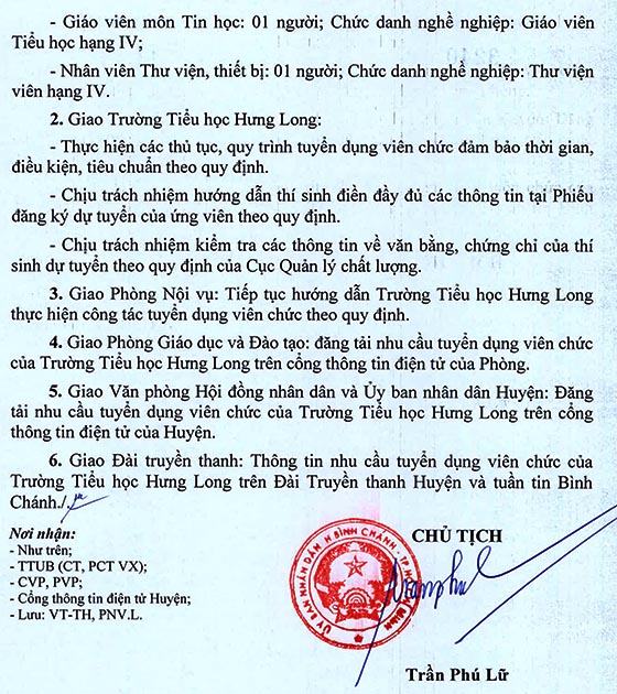 Trường Tiểu học Hưng Long, Bình Chánh, TP.HCM tuyển dụng viên chức năm học 2020-2021
