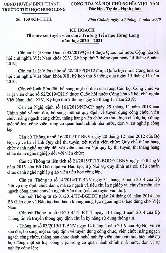Trường Tiểu học Hưng Long, Bình Chánh, TP.HCM tuyển dụng viên chức năm học 2020-2021
