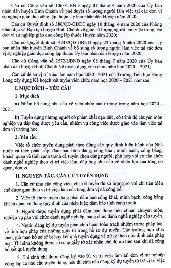 Trường Tiểu học Hưng Long, Bình Chánh, TP.HCM tuyển dụng viên chức năm học 2020-2021