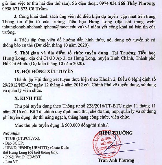 Trường Tiểu học Hưng Long, Bình Chánh, TP.HCM tuyển dụng viên chức năm học 2020-2021