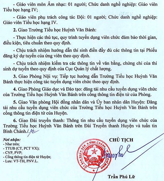 Trường Tiểu học Huỳnh Văn Bánh, Bình Chánh, TP. HCM tuyển dụng viên chức năm 2020-2021