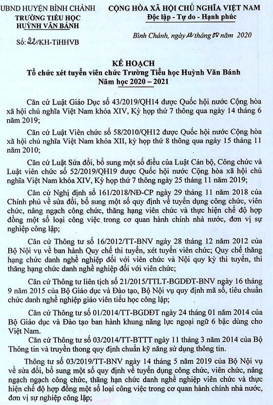 Trường Tiểu học Huỳnh Văn Bánh, Bình Chánh, TP. HCM tuyển dụng viên chức năm 2020-2021