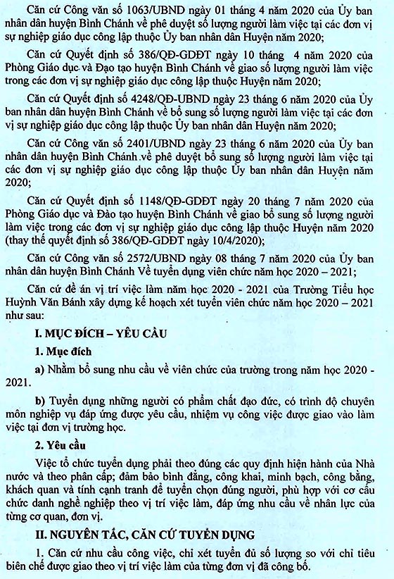 Trường Tiểu học Huỳnh Văn Bánh, Bình Chánh, TP. HCM tuyển dụng viên chức năm 2020-2021