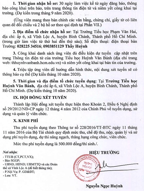 Trường Tiểu học Huỳnh Văn Bánh, Bình Chánh, TP. HCM tuyển dụng viên chức năm 2020-2021