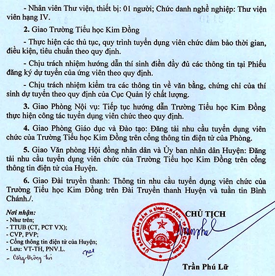 Trường Tiểu học Kim Đồng, Bình Chánh, TP. HCM tuyển dụng viên chức năm học 2020-2021