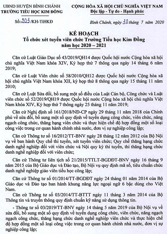 Trường Tiểu học Kim Đồng, Bình Chánh, TP. HCM tuyển dụng viên chức năm học 2020-2021