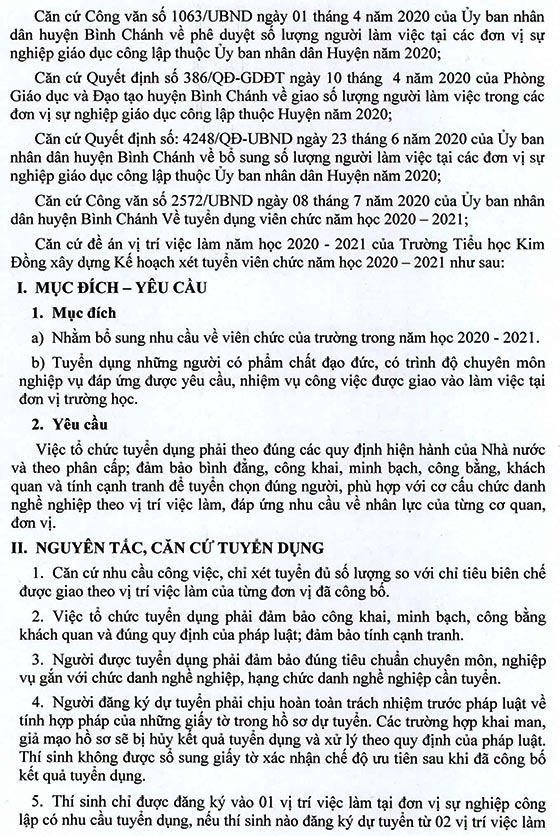 Trường Tiểu học Kim Đồng, Bình Chánh, TP. HCM tuyển dụng viên chức năm học 2020-2021