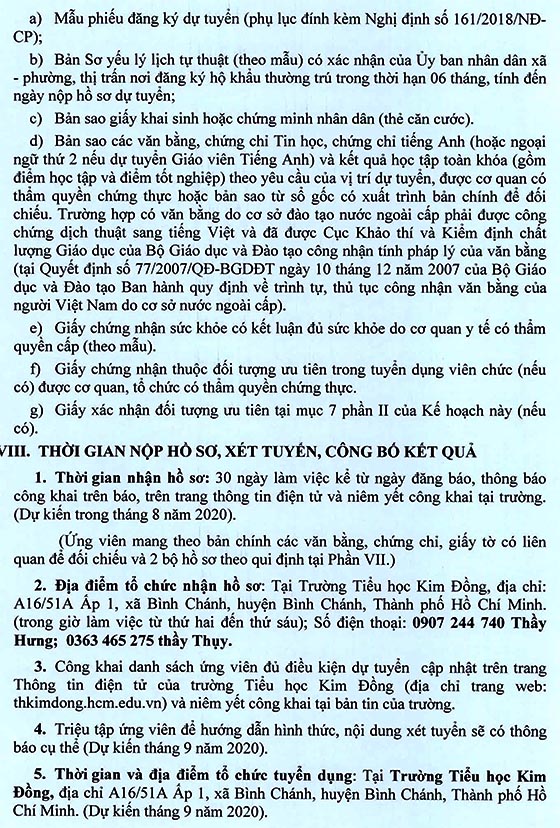 Trường Tiểu học Kim Đồng, Bình Chánh, TP. HCM tuyển dụng viên chức năm học 2020-2021