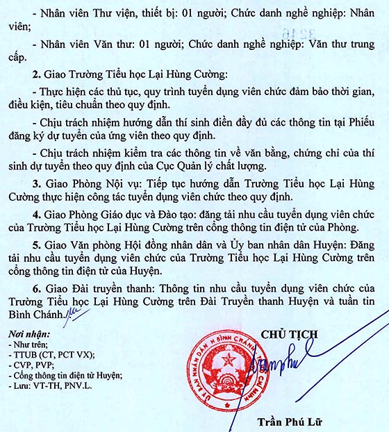 Trường Tiểu học Lại Hùng Cường, Bình Chánh, TP.HCM tuyển dụng giáo viên năm học 2020–2021