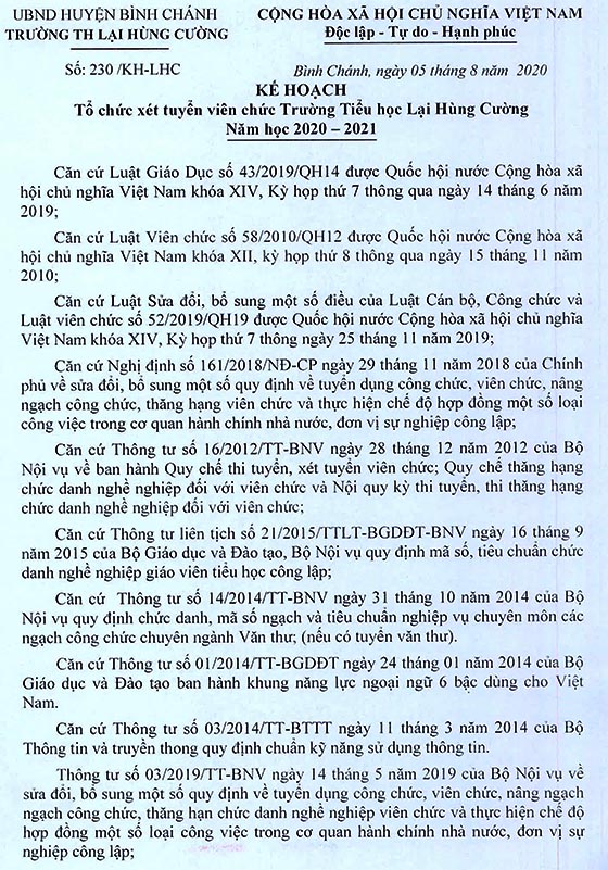 Trường Tiểu học Lại Hùng Cường, Bình Chánh, TP.HCM tuyển dụng giáo viên năm học 2020–2021