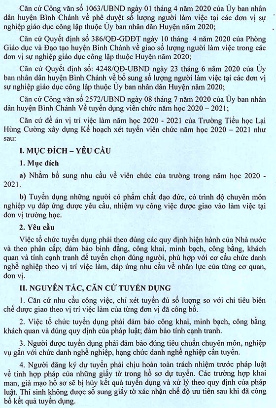 Trường Tiểu học Lại Hùng Cường, Bình Chánh, TP.HCM tuyển dụng giáo viên năm học 2020–2021